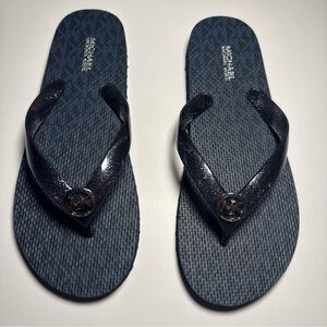 Michael Kors Dark Blue Flip Flops with Logo Women’s Size 7 Glitter Strap NEW